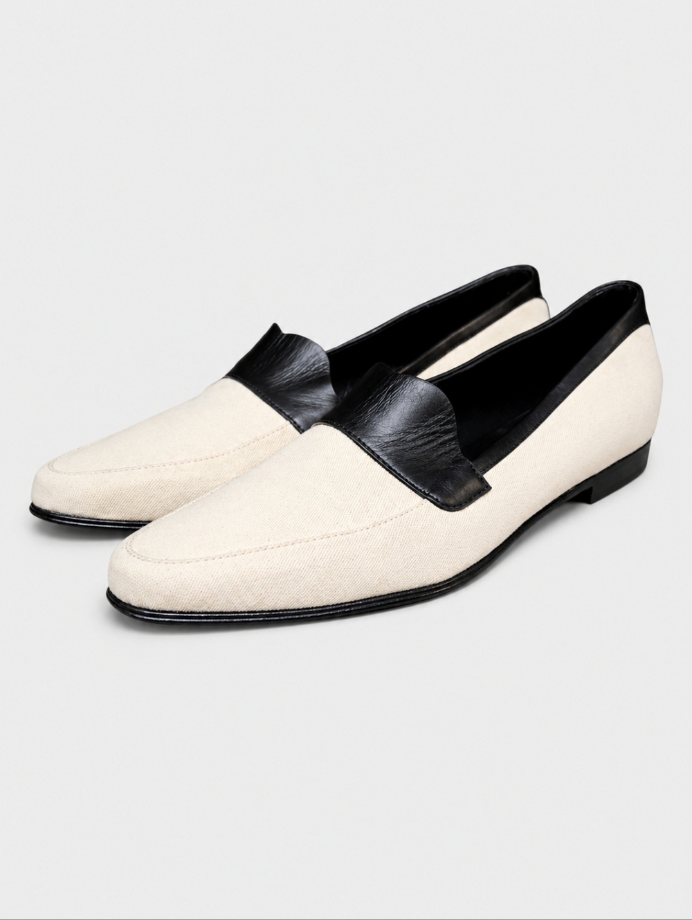 KHAITE | Cream Canvas Black Leather Loafers EU 36 US 6